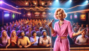 2023 12 30 14.07.32 A photorealistic image of a young, confident looking Barbie, dressed in pink beach wear and a pink blouse, performing on stage at a ri