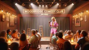 A photorealistic image of Barbie, dressed in pink beach wear, performing at the Woodbridge Comedy Club in New Jersey. The setting is