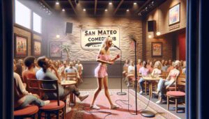 A photorealistic image of a Barbie, dressed in pink beach wear, performing at the San Mateo Comedy Club in California. The scene captures her a