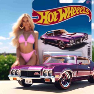 Barbie bikini posing in front of a 1971 Purple Olds 442