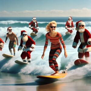 Barbie surfing with six different Santas - Barbie Sequel will be Christmas in Hollywood