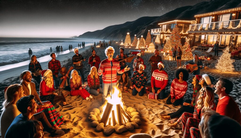 Malibu beach scene during a Christmas-themed evening 2
