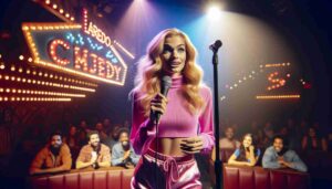 1. Inside the Laredo Comedy Club, a young, attractive blonde female Barbie stands onstage under a spotlight. She's wearing a provoca1 1. Inside the Laredo Comedy Club, a young, attractive blonde female Barbie stands onstage under a spotlight. She's wearing a provoca1