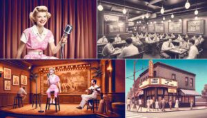 1. Interior of a comedy club in Pittsburgh, PA, with a stage featuring a young, attractive female Barbie with blonde hair, dressed i1