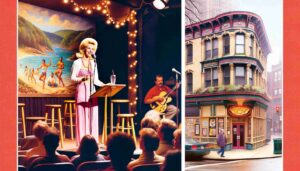 1. Interior of a comedy club in Pittsburgh, PA, with a stage featuring a young, attractive female Barbie with blonde hair, dressed i2