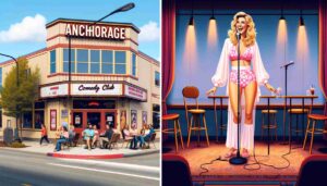 1. Interior of an Anchorage comedy club with a stage featuring a young, attractive female Barbie with blonde hair, dressed in pink b1
