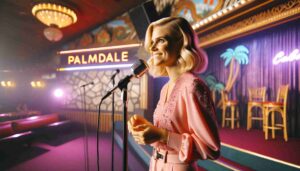 2024 01 05 03.30.14 Blonde Palmdale Barbie in pink performing at the Palmdale Comedy Club. The image captures her on stage, engaging with the audience, microphone in hand