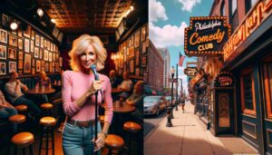 2024 01 06 09.40.25 Two wide aspect photos of a famous blonde female Barbie in pink, performing on stage at the Philadelphia Comedy Club. The interior setting captures 2024 01 06 09.40.25 Two wide aspect photos of a famous blonde female Barbie in pink, performing on stage at the Philadelphia Comedy Club. The interior setting captures