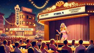 3. Interior view of a Pittsburgh, PA comedy club at night, with a young, attractive female Barbie with blonde hair on stage. She's w3