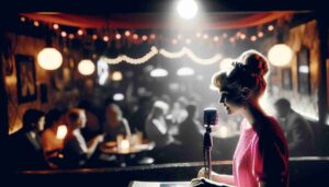 A closer view of the interior of the Port St. Lucie Comedy Club, focusing on the young blonde female Barbie on stage. The image is a3
