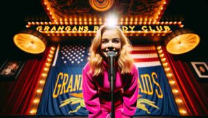 A closer, wide aspect view of the interior of the Grand Rapids Comedy Club, focusing tightly on a young blonde female Barbie in a ho7