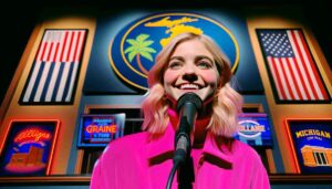 A closer, wide aspect view of the interior of the Grand Rapids Comedy Club, focusing tightly on a young blonde female Barbie in a ho8