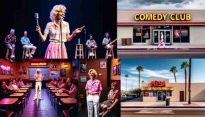 A comedy club in Mesa, Arizona. The first image shows a famous blonde female Barbie onstage, wearing pink beachwear with a white blouse, pe1