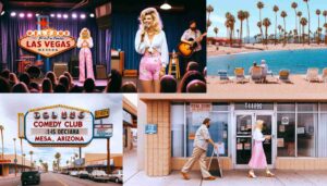 A comedy club in Mesa, Arizona. The first image shows a famous blonde female Barbie onstage, wearing pink beachwear with a white blouse, pe2