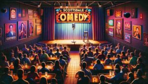 A comedy club in Scottsdale, Arizona. The scene is vibrant and lively, depicting a bustling comedy club interior. The stage is set wit1