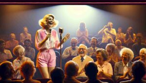 A famous blonde Barbie in pink beachwear and a white blouse performing on stage inside the Stockton Comedy Club. She's holding a mic5