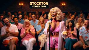 A famous blonde Barbie in pink beachwear and a white blouse performing on stage inside the Stockton Comedy Club. She's holding a mic6