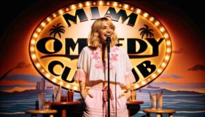 A female Barbie with blonde hair, wearing pink beachwear and a white blouse, performing a stand up routine onstage at the Miami Comedy Club4