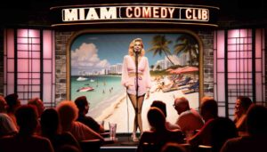 A female Barbie with blonde hair, wearing pink beachwear and a white blouse, performing onstage at the Miami Comedy Club. The stage is well1
