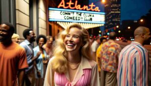 A final scene outside the Atlanta Comedy Club. The blonde female Barbie in pink beachwear and a white blouse is captured in a candid moment1
