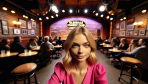 A revised wide aspect image of the Glendale Comedy Club stage, focusing more closely on the young, attractive blonde Barbie. She is 2