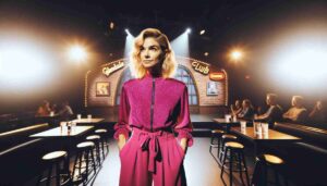 A wide aspect image of the Glendale Comedy Club stage. In the spotlight, a young, attractive blonde Barbie stands confidently. She's2