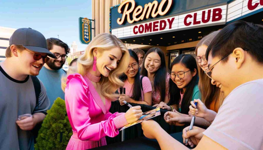 A young, attractive blonde Barbie, dressed in a vibrant pink outfit, is signing autographs in front of the Reno NV Comedy Club. She 5