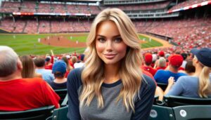 A young, attractive, blonde woman at a Cincinnati baseball game, wearing casual sports fan attire. She is seated in the stands, surrou1 Cincinnati Comedy Club Ready for Barbie Sequel
