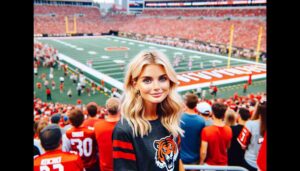 A young, attractive, blonde woman at a Cincinnati football game, wearing team colors and fan gear. She is in the stands with a vibrant2 A young, attractive, blonde woman at a Cincinnati football game, wearing team colors and fan gear. She is in the stands with a vibrant2