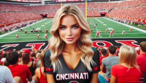 A young, attractive, blonde woman at a Cincinnati football game, wearing team colors and fan gear. She is in the stands with a vibrant3 A young, attractive, blonde woman at a Cincinnati football game, wearing team colors and fan gear. She is in the stands with a vibrant3
