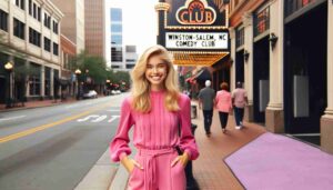 A young, attractive blonde woman standing on a sidewalk in front of the Winston Salem, NC Comedy Club. She is dressed in a stylish, ho5