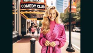 A young, attractive blonde woman standing on a sidewalk in front of the Winston Salem, NC Comedy Club. She is dressed in a stylish, ho6