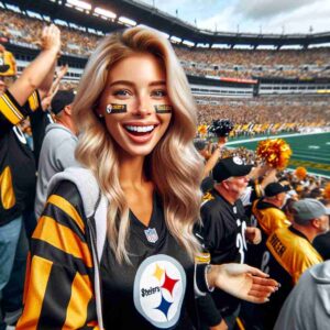 A young, attractive female Barbie with blonde hair, dressed in Pittsburgh Steelers fan attire, at a Steelers football game. She is c1
