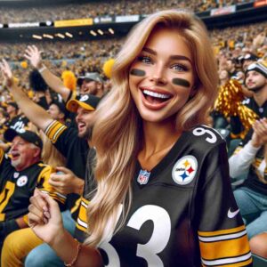 A young, attractive female Barbie with blonde hair, dressed in Pittsburgh Steelers fan attire, at a Steelers football game. She is c2