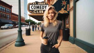 A young blonde female Barbie standing on the sidewalk in front of the St. Louis Comedy Club building. She is casually dressed, perha3
