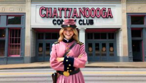 An exterior view of the Chattanooga Comedy Club, featuring a young blonde female Barbie dressed in a pink Civil War uniform standing2