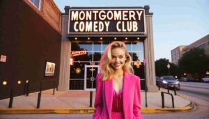 An exterior view of the Montgomery Comedy Club, featuring a young blonde female Barbie standing in front of the building. She is dre1 An exterior view of the Montgomery Comedy Club, featuring a young blonde female Barbie standing in front of the building. She is dre1