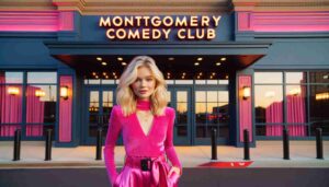 An exterior view of the Montgomery Comedy Club, featuring a young blonde female Barbie standing in front of the building. She is dre2 An exterior view of the Montgomery Comedy Club, featuring a young blonde female Barbie standing in front of the building. She is dre2