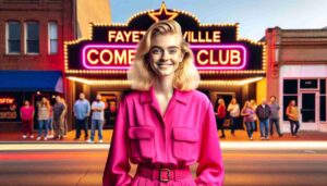 An image depicting the exterior of the Fayetteville Comedy Club. In the foreground, a young blonde female Barbie stands confidently.1