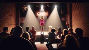 An image depicting the interior of the Fayetteville Comedy Club. Center stage, a young blonde female Barbie is performing. She's wea2