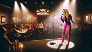 An image depicting the same young blonde Barbie, now inside the Scottsdale, Arizona, Comedy Club. She is on stage, performing. The i1