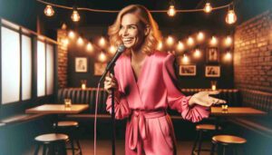 An image of a young, attractive blonde woman performing comedy on stage at a comedy club. She is dressed in a stylish, hot pink outfit1