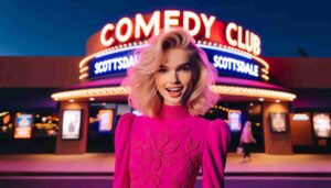An image of a young blonde Barbie standing in front of the Scottsdale, Arizona, Comedy Club. The Barbie is dressed in a striking h2