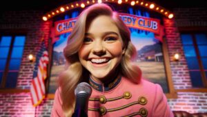 An interior view of the Chattanooga Comedy Club with a close up headshot of a young blonde female Barbie on stage. She is wearing a 3