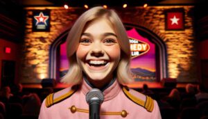 An interior view of the Chattanooga Comedy Club with a close up headshot of a young blonde female Barbie on stage. She is wearing a 4