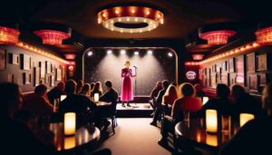 An interior view of the Montgomery Comedy Club, showcasing a young blonde female Barbie performing on stage. She is wearing a striki3 An interior view of the Montgomery Comedy Club, showcasing a young blonde female Barbie performing on stage. She is wearing a striki3