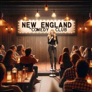 - New Haven Comedy Club -BARBIE SEQUEL 2024 01 03 07.38.59 Interior of a New England styled 'generic' comedy club with a blonde female comedian on stage. The club has a cozy, rustic charm typical of New Englan