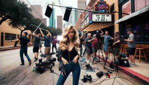 BARBIE SEQUEL ·E 2024 01 06 08.56.34 Photo of a hot blonde Barbie on the sidewalk outside the Houston Comedy Club, with a riotous film crew making a movie. The image shows her am