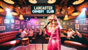 Barbie Sequel 2 2024 01 06 03.49.27 Photo of a blonde Barbie in pink attire performing at the Lancaster Comedy Club. The image captures her on stage with a microphone, engaging