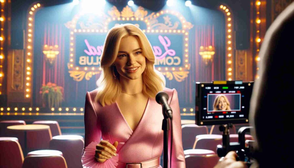 Barbie Sequel 2024 01 04 10.32.45 Medium close up of a young blonde female comedian, a Caucasian woman, performing a stand up routine in the Lakeland Comedy Club. She's wearing a styli